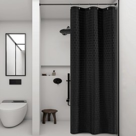 PANGSINNE Black Stall Fabric Shower Curtain - Water Repellent Textured 230GSM Heavy Duty Cloth Shower Curtains for Bath Tubs, Narrow Hotel Quality Bath Curtain Set with 6 Hooks, 36Wx72H