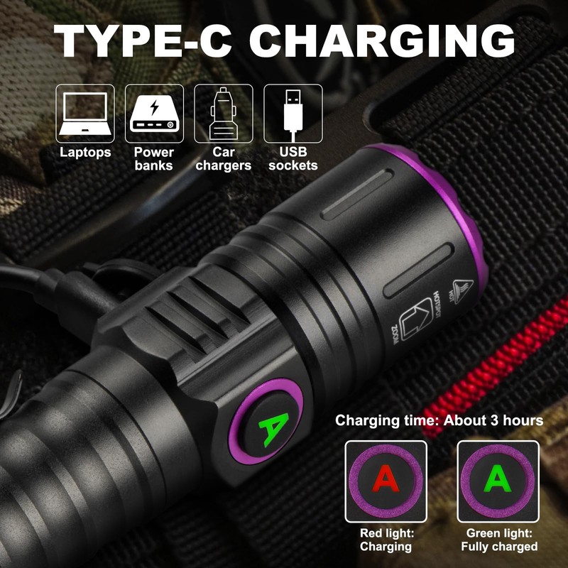 ULTRAFIRE Powerful 365nm UV Flashlight - Rechargeable LED Blacklight, Multi-Functional