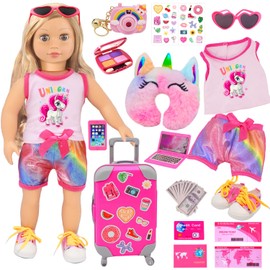 TimDtvo 18inch American Doll Clothes and Accessories, Including Travel Suitcase, Clothes, Shoes, Sunglasses, Camera, Passport, Stickers,Phone Travel Gear Play Sets