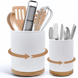 NURTURE KNOTS 2 Pack Ceramic Utensil Holder, 7.3"+5.4" Large kitchen utensils holder for Countertop, 360° Rotating Cooking Utensil Crock for Kitchen Counter with Detachable Wooden Base, Kitchen Décor