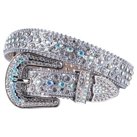MUKINGBELTS Men Women Rhinestone Belt Western Bling Luxury Strap Leather Sparkle Studded Belts 1-1/7"(29mm) Wide(Silver,Fit Waist 27-32 inches)