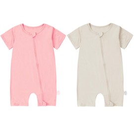 COOKY.D Unisex Baby Short Sleeve Bamboo Fiber Summer Romper Soft Neutral Comfortable Spring Boys Girls Jumpsuit Playsuit 0-3 Months 2 Pack,Pink&Apricot