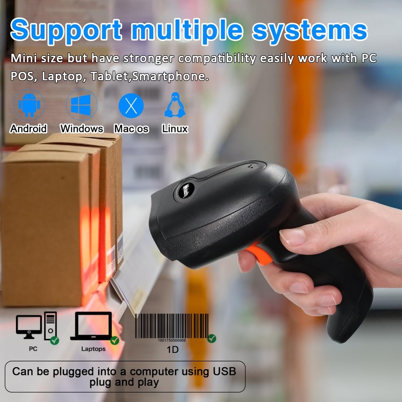 Alacrity 2.4GHz Wireless Laser Barcode Scanner,100 scans/sec,Compatible with Windows/Mac/Android/Linux,40 Hours