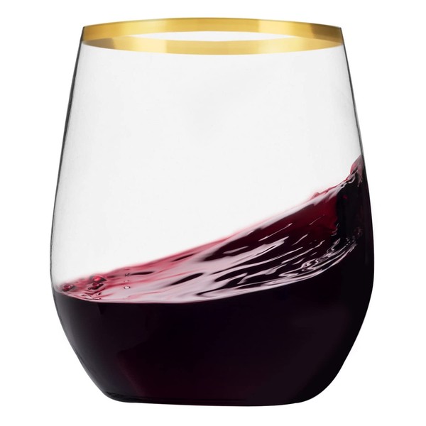 Munfix Stemless Wine Glasses with Gold Rim, Disposable Clear Plastic Cups 12 Oz - 24 Pack - Shatterproof Recyclable and BPA-Free