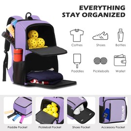 SDLINR Pickleball Bag Fits 4 to 10 Paddles, Large Pickleball Backpack with Shoe Compartment and Fence Hook, Pickle ball Gifts for Men Women (Purple)