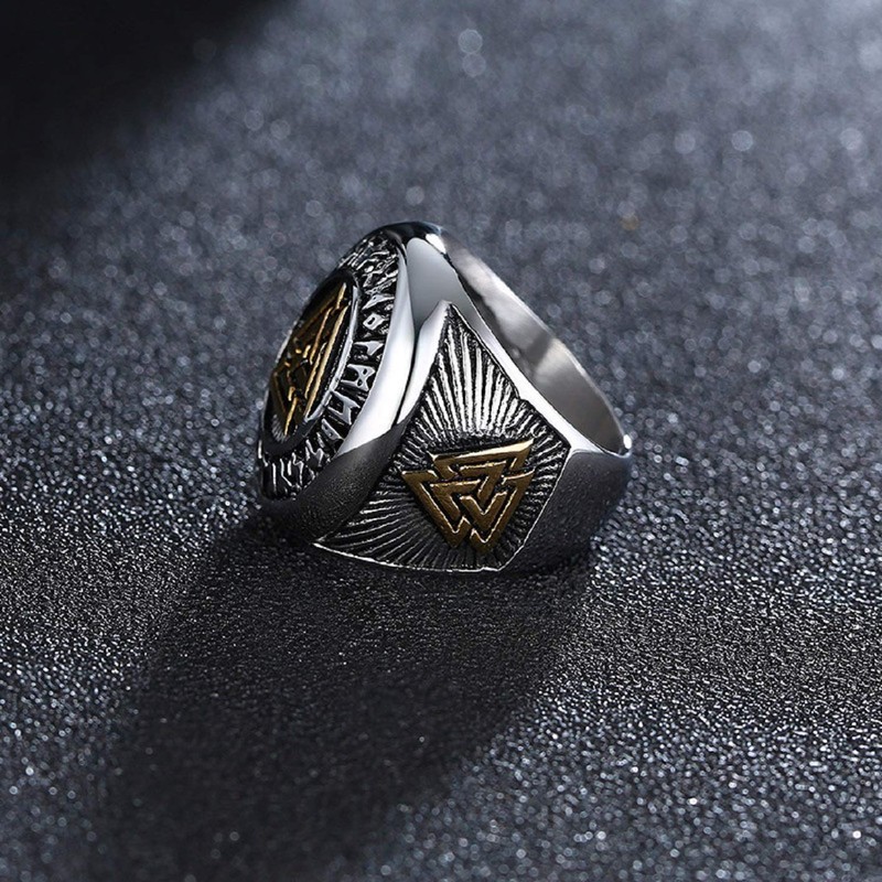 PikaLF Triple Valknut Ring With Rune Circle Symbol, Odin Symbol