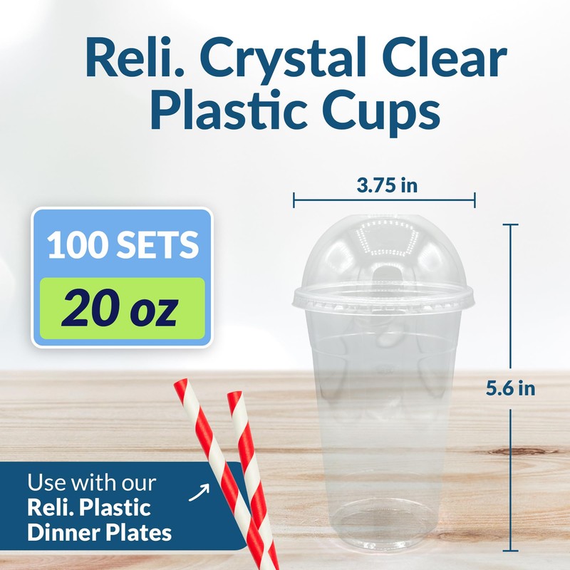 Reli. Plastic Cups with Lids, 20 oz (100 Set Bulk)