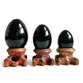 Black Obsidian Gemstone Egg Sphere with Wooden Stand for Healing Meditation Chakra Balancing and Home Decoration (Set of 3)