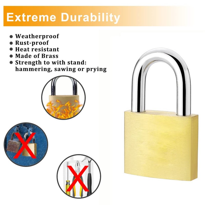 Solid Brass Padlock keyed Different Locks of 6 Pack, Solid