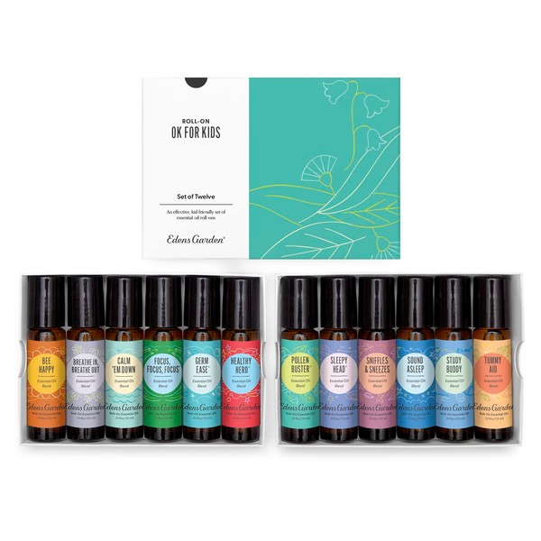Edens Garden "OK for Kids" Roll-On 12 Set, Best 100% Pure Essential Oil Synergy Blend Aromatherapy Starter Kit (Child Safe 2+, Pre-Diluted & Ready to Use), 10 ml Roll-On