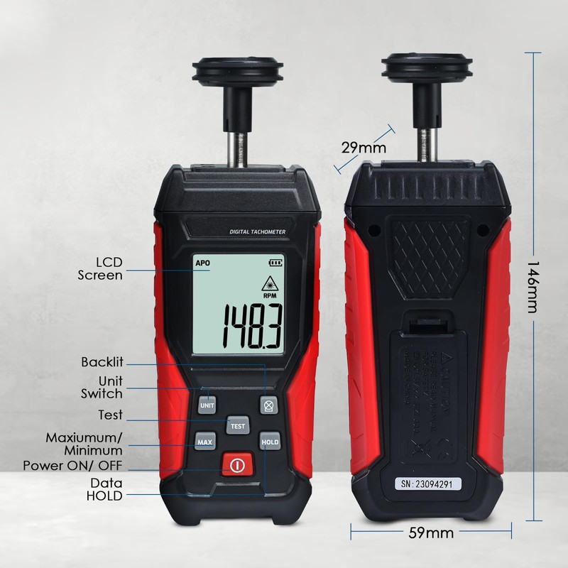 JuviPerpric 2-in-1 Digital Tachometer, Handheld Contact 3~19999RPM & Non-Contact 3~99999RPM