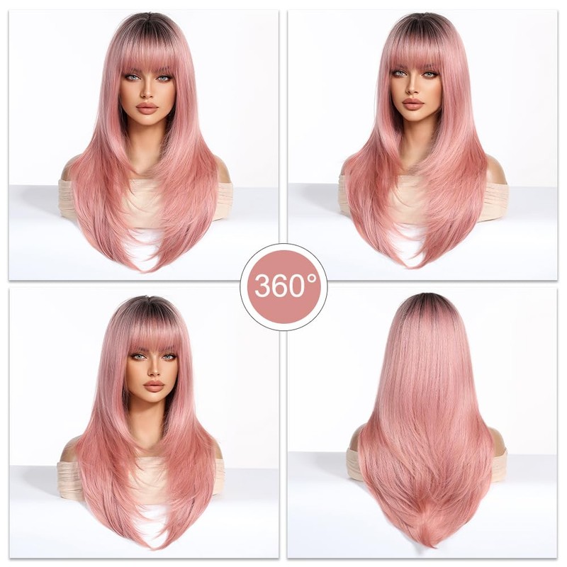Esmee Synthetikhaar-Perücke für Damen - Langer Glatter Gestufter Pink-Ton mit