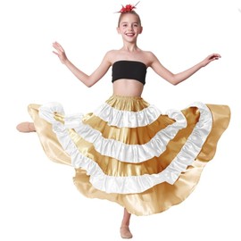 Full Dancing Circle Long Spanish Flamenco Mexican Folklorico Bomba y plena Layer Ruffle Dance Skirt for Girl 8-10 Year (Gold White)