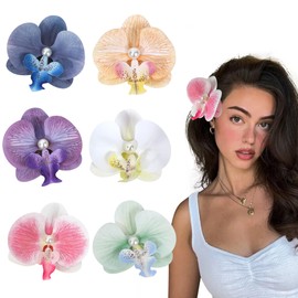 Auiremrti Pack of 6 Flower Hair Clips, Hawaiian Tropical Orchid Hair Clips, Bohemian Hair Pins with Artificial Silk Flowers for Women and Summer Holidays