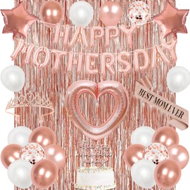 Trgowaul Happy Mother’s Day Decorations, Rose Gold Best Mom Ever Banner, Red Pink Heart Hanging Swirls, Happy Mother’s Day Decor Balloons, Decorations for Home
