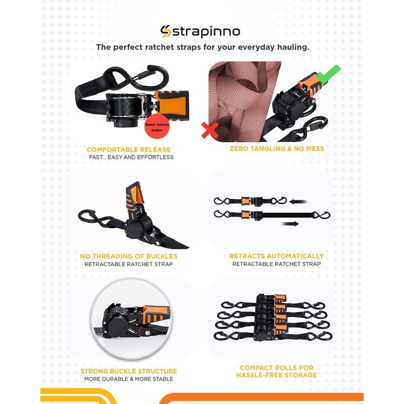 Strapinno 4pcs Retractable Ratchet Straps Bundle 1 in x 6