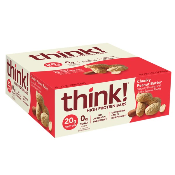 think! Protein Bars, High Protein Snacks, Gluten Free, Kosher Friendly, Chunky Peanut Butter, Nutrition Bars, 2.1 Oz per Bar, 10 Count (Packaging May Vary)
