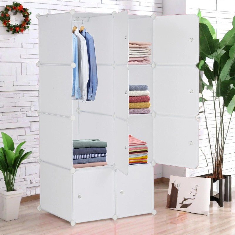 4-Tier Closet Storage Cabinet - White, 8-Cube, Hanging Rod &