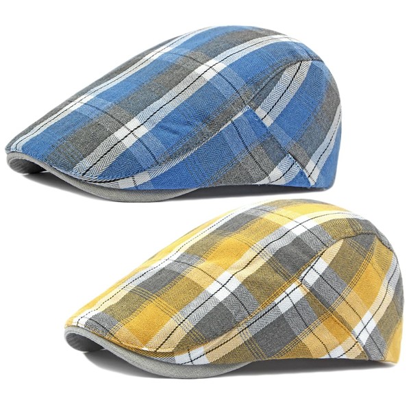 2 Pack Men's Newsboy Hats Flat Cap Adjustable Plaid Ivy