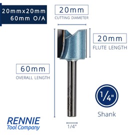 Rennie Tools - 20mm Cutting Diameter x 20mm Flute x 1/4" Shank TCT Tipped 2 Flute Straight Router Cutter Bit. Compatible With Makita, Bosch, Trend, Katsu, Dewalt Router Etc.