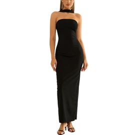 HTZMO Women Elegant Summer Bodycon Maxi Dress Halter Neck Formal Wedding Guest Cocktail Party Long Dresses Black S