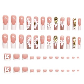 48Pcs Flower Press on Nails and Toes Matching Set Bow Rhinestone Fake Nails Square False Toenails White French Tip Design Stick on Nails Summer Acrylic Glue on Toenails for Women Nail Art Decoration