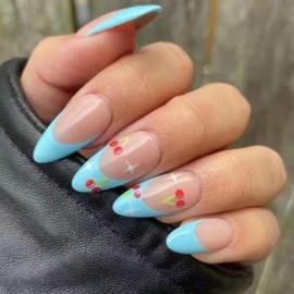 IMSOHOT French Tips Press on Nails Medium Almond Fake Nails Blue Stiletto Nail Tips Cherry Glossy False Nails Full Cover Acrylic Glue on Nails Artificial Stick on Nails for Women Girls Manicure