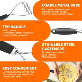 Potato Mashers Set of 2 Pieces, 10.25-Inch Stainless Steel Mashed Potato Masher, Kitchen Gourmet Making Tools Professional Integrated Honeycomb, For Vegetable, Fruit, Melon, Potato Etc, Black