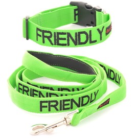 FRIENDLY (Known as Friendly to all) Green Colour Coded S-M L-XL Dog Collar and 60cm 1.2m 1.8m Luxury Neoprene Padded Handle Lead Sets PREVENTS Accidents By Warning Others Of Your Dog In Advance (S-M & 1.8m)