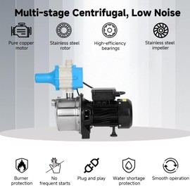 Auto Water Pressure Booster Pump for Home, 110V/60Hz, 2/3HP, 26GPM, Self-priming Stainless Steel Automatic Booster System, With Leakage Protection Plug, for Whole House, Residential Underground