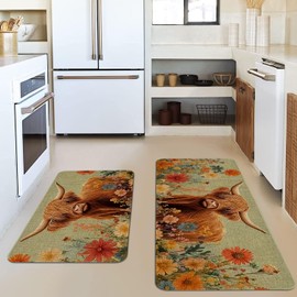 HSOWKDN Farmhouse Kitchen Rugs Sets of 2 Non Slip Washable, Rustic Floral Highland Cow Kitchen Mats for Floor 2 Piece Home Decor