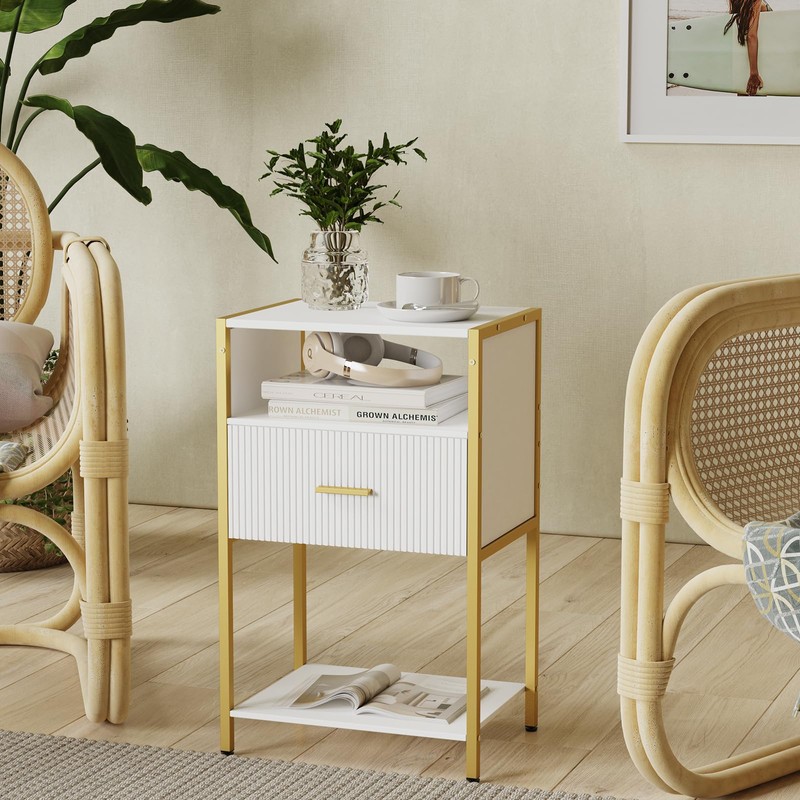 JOONEE Modern Nightstand, White and Gold Side Table with Drawer,