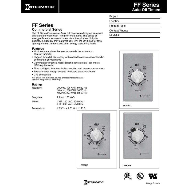 Intermatic FF5M 5-Minute Spring Loaded Wall Timer SPST No Hold