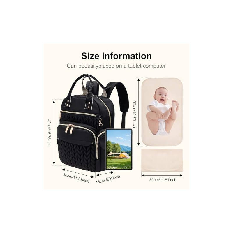 Baby Changing Bag Backpack, Quilted Waterproof Nappy Bag with Insulated