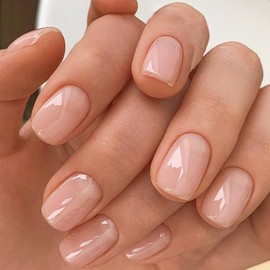 Press On Nails, Short Square Nude Glossy Fake Nails, Natural Gel Acrylic Style, Reusable Full Coverage, 48 Pieces