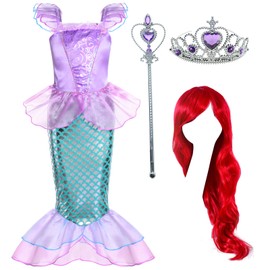 Joy Join Little Girls Princess Mermaid Costume for Girls Dress Up Party with Wig,Crown, Mace Pink 5-6 Years