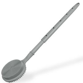 Dual-Sided Silicone Back Scrubber for Shower - 5-Level Extendable Handle (16-24 Inch) Bath Brush, Exfoliating & Massage Body Brush for Men and Women​ (Gray)