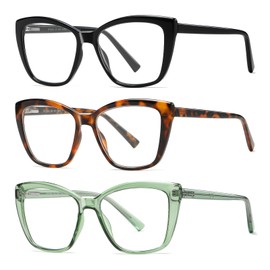 PUBOWT Oversized Reading Glasses For Women Cat Eye Blue Light Blocking Computer Reader Stylish Ladies Designer Unbreakable Large Fashion Eyeglasses 3pack Black Leopard Green PT2001A 1.75+ Strength