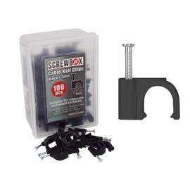 Screwbox Cable Nail Clips, 4 mm 100 Pcs Nail-In Clips, Strong Durable Black Round Cable Tacks, Wall Wire Tidy Holder Pins, for wood | concrete | plasterboard