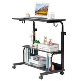 Pinikuyiro Standing Desk with Power Outlets, 31.5" Manual Stand Up Desk with Storage Shelves Small Mobile Rolling Computer Desk Portable Laptop Table with Wheels for Home Office (Black)