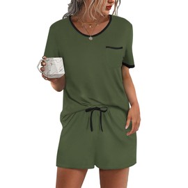 Ekouaer Pajama Set for Women 2 Piece Lounge Set Short Sleeve Tops and Shorts Soft Sleepwear, Chest Pocket Army Green