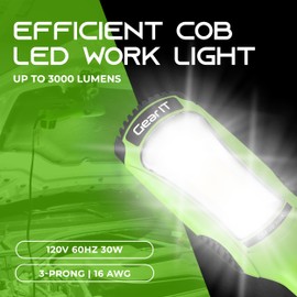 GearIT LED Work Light (20 feet) 3000 Lumen COB LED - 16 Gauge SJTW Indoor/Outdoor NEMA 5-15R Extension Cord - Handheld, Rotating Hanger, Magnetic Base for Auto Mechanic and Construction - 20ft