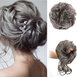2PCS Messy Bun Hair Piece Tousled Updo Elastic Hair Bun Hair Piece for Women Synthetic Messy Hair Bun Donut Accessories (Black Grey)