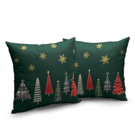 Wnoesat Christmas Tree Pillow Covers 18x18 Set of 2 Forest Green Christmas Decorations Throw Pillow Covers Winter Gold Snowflake Pillow Cases Farmhouse Outdoor Linen Pillowcases for Home Couch Sofa