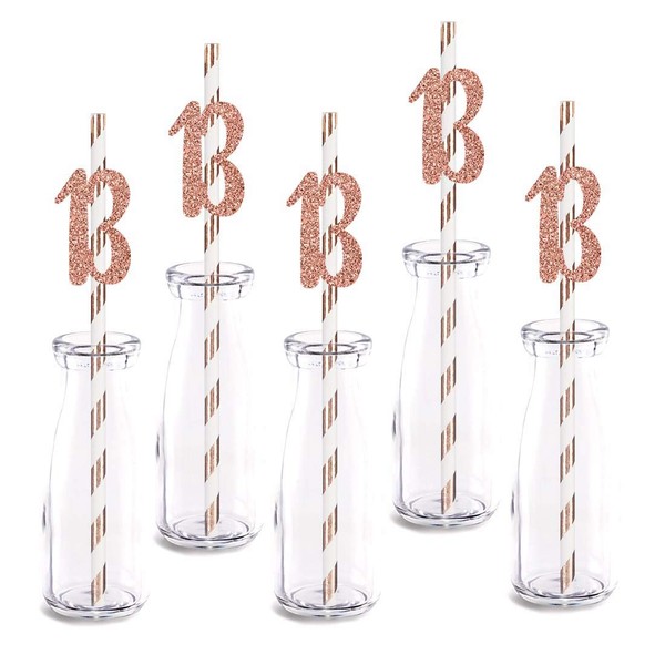 Rose Happy 13th Birthday Straw Decor, Rose Gold Glitter 24pcs Cut-Out Number 13 Party Drinking Decorative Straws, Supplies