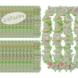 Mowane Leis for Luau Party - 24 Count | Thick and Lush Flower Leis for Luau Parties, Graduations, Birthdays, and Beach Weddings | Tropical Party Decorations and Hula Dance Accessories(Green)