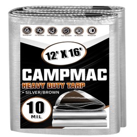 CAMPMAC Tarps Heavy Duty Waterproof 12x16 Ft, 10 Mil Thick, High Durability, Rip, UV Resistant and Tear Resistant with Metal Gromets Every 20 Inches (Silver/Brown - Reversible)