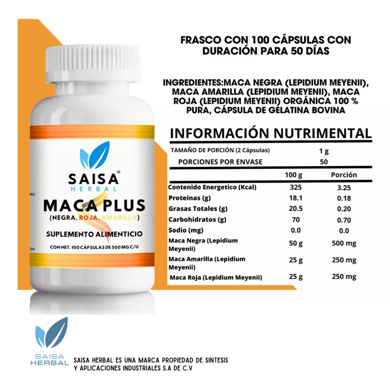 Saisa Herbal Mezcla Macas Peruana Orgánicas Maca Negra, Amarilla Y