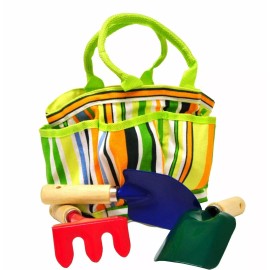 G & F 10012 JustForKids Garden Tools Set w/ Tote Shovel Trowel Rake 4 Pieces