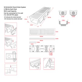 Natotela Driveway Channel Drain with HDPE Grate-19.7Lx5.5Wx3.9H in. Shallow Profile Trench Drain System,6 Pack Total Length 118.2in,Heavy Duty Trench Drain for Garage,Parking Lot,Concrete